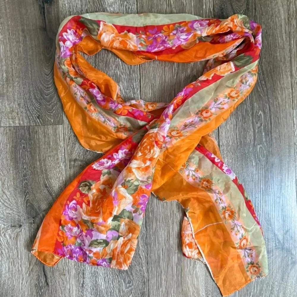 Women's Floral, Orang Scarf- 100% Silk